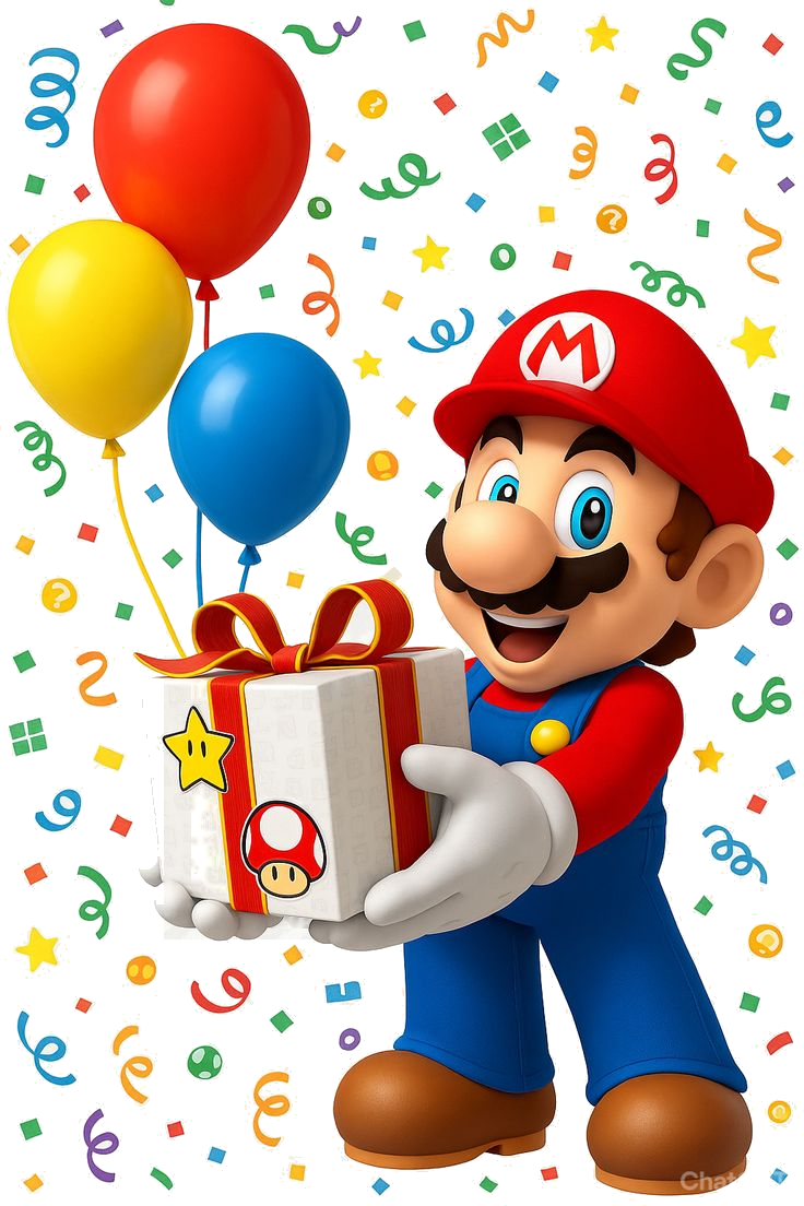 Mario con regalo de cumpleaños